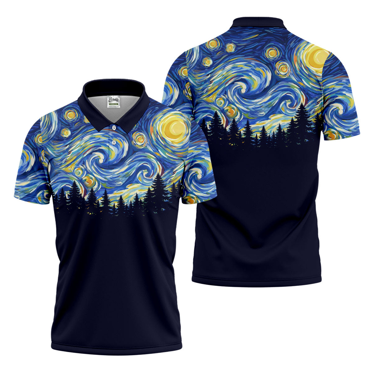 Van Gogh Inspired Starry Night Forest Hawaiian Golf Polo, Golf Tops For Men, Golfing Apparel