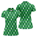 Green And White Lucky Four Leaf Clover Argyle Pattern St Patrick's Day Golf Shirt, Women's Golf Tops