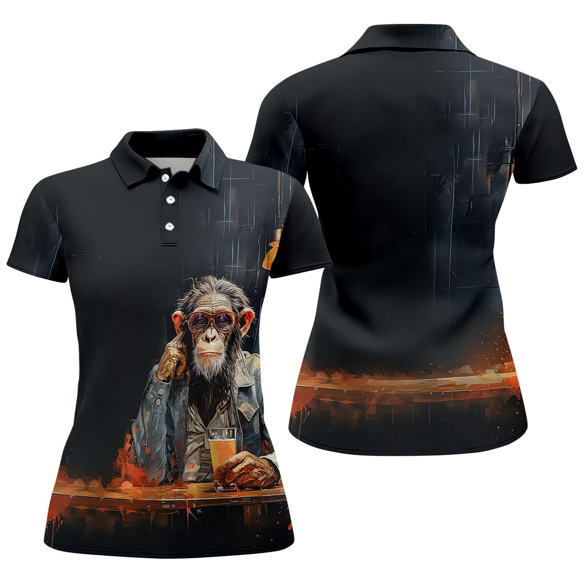 Monkey Gentleman Midnight Amber Hawaiian Golf Shirt, Women's Golf Tops, Ladies Golf Shirts