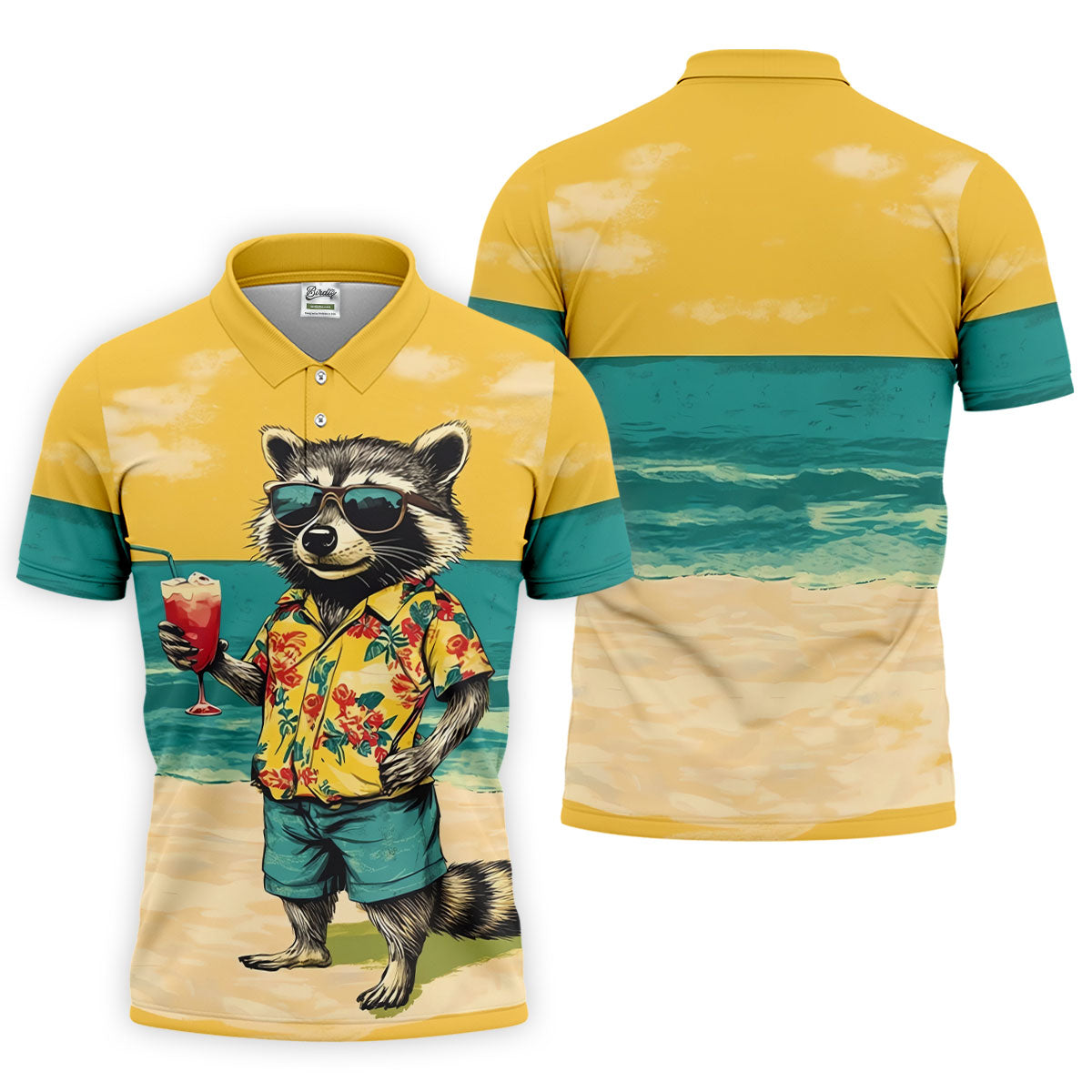 Cool Raccoon Tropical Yellow Hawaiian Golf Polo, Golf Tops For Men, Golfing Apparel