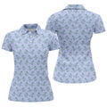 Blue T-Rex Dinosaur Golfer Pattern Golf Polo Shirt, Womens Golf Tops, Printed Golf Shirt