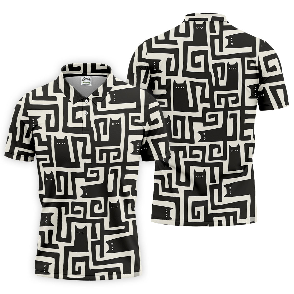 Minimalist Black Cat Maze Pattern Golf Polo Shirt, Men's Golf Shirt, Printed Golf Shirts