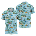 Green Alien Riding Waves on Tropical Island Beach Hawaiian Golf Polo, Golf Tops For Men, Golfing Apparel