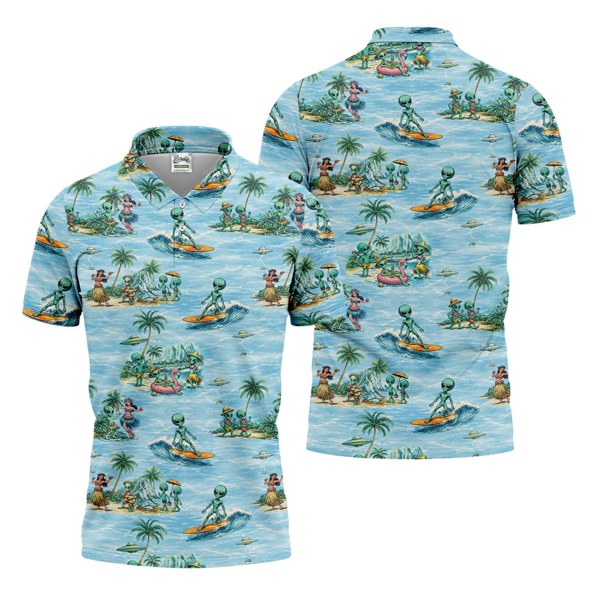 Green Alien Riding Waves on Tropical Island Beach Hawaiian Golf Polo, Golf Tops For Men, Golfing Apparel