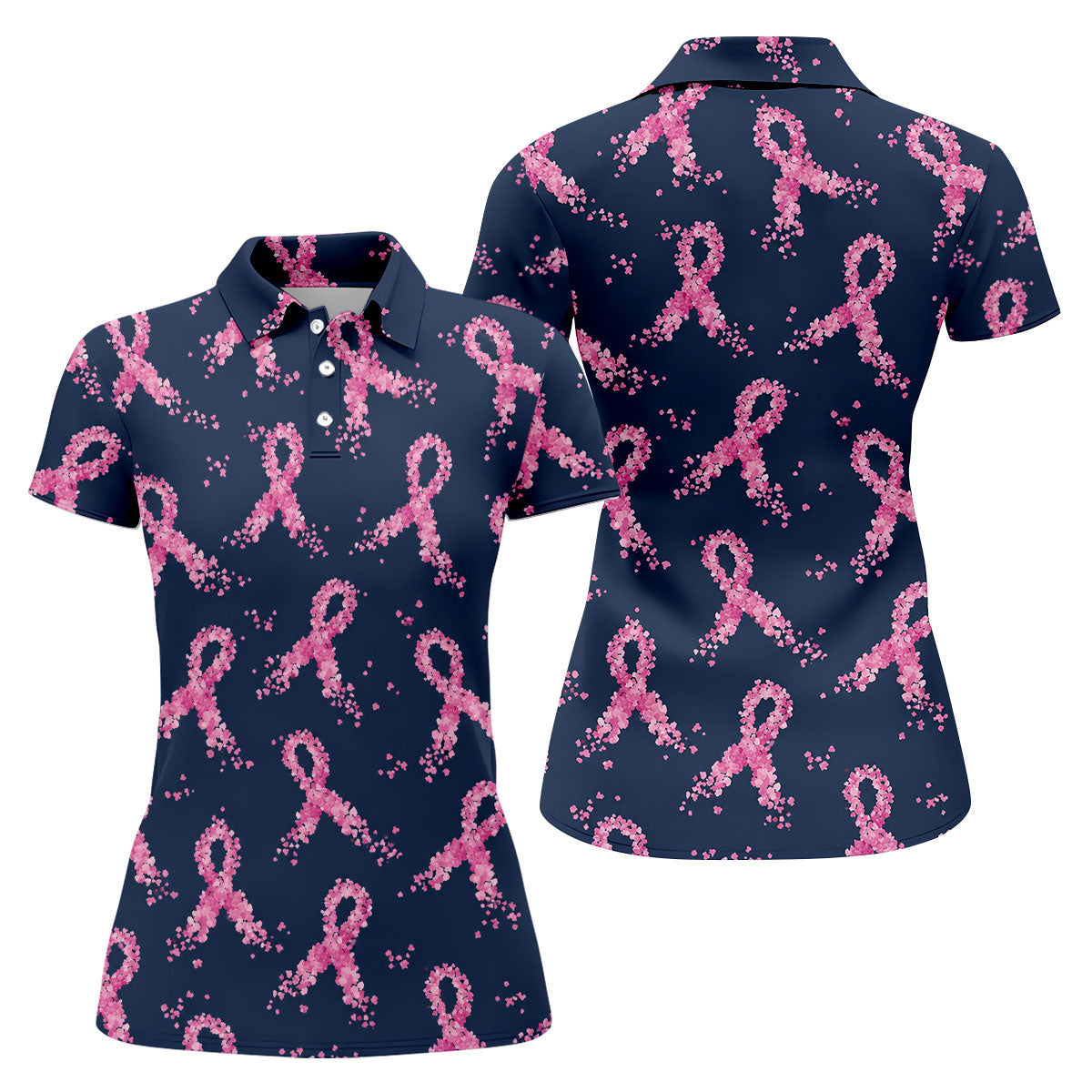 Pink Floral Ribbon Breast Cancer Awareness Polo Shirt, Ladies Golf Shirt, Performance Golf Shirt