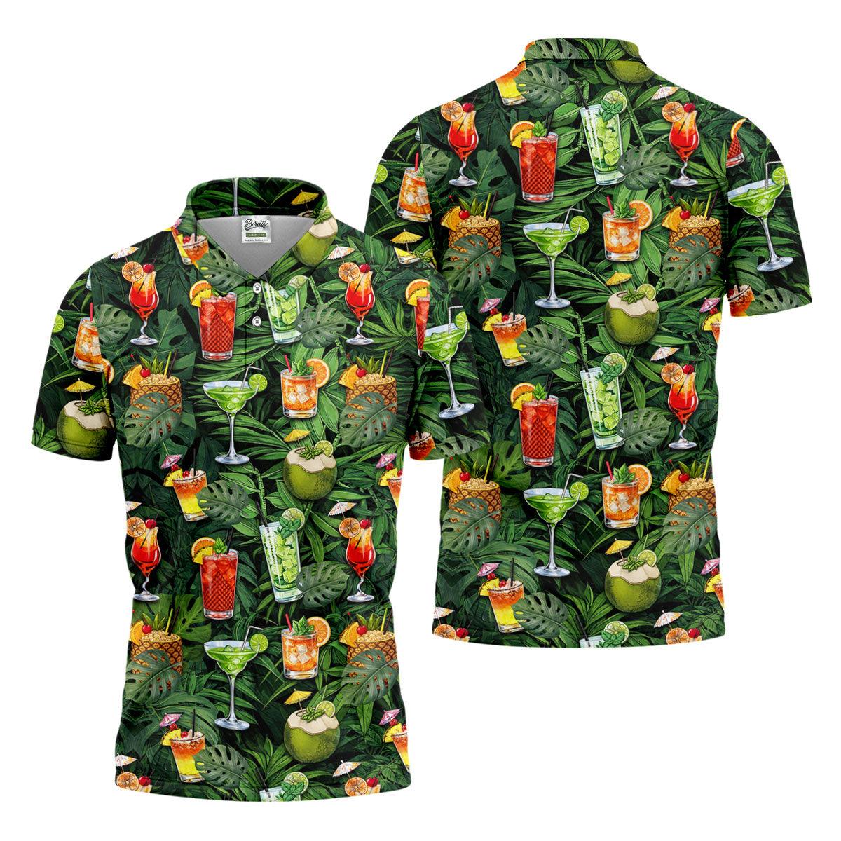 Tropical Cocktail Coconut And Palm Leaf Golf Polo, Hawaiian Golf Shirt, Mens Golf Apparel
