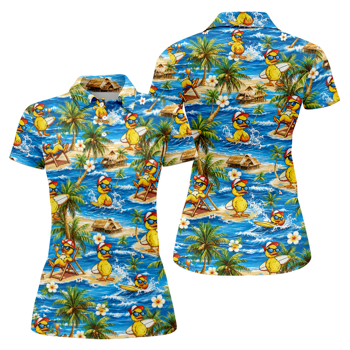 Yellow Rubber Duck Beach Theme Hawaiian Golf Shirt, Women's Golf Tops, Ladies Golf Shirts