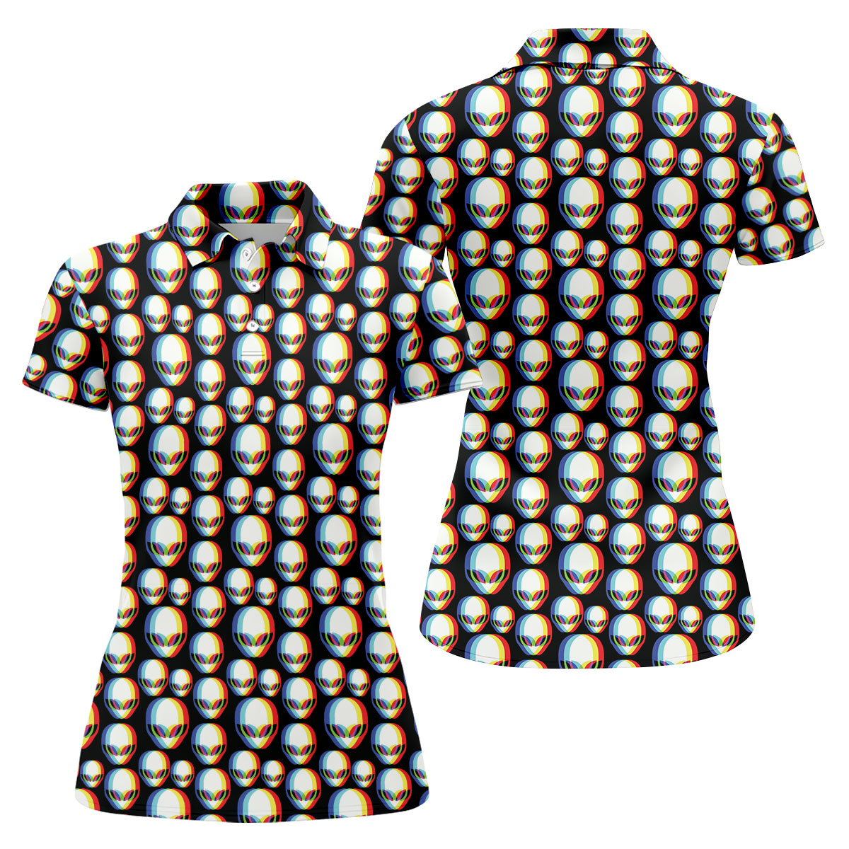 Retro Alien Head Pattern Golf Shirt, Women's Golf Tops, Ladies Golf Tops