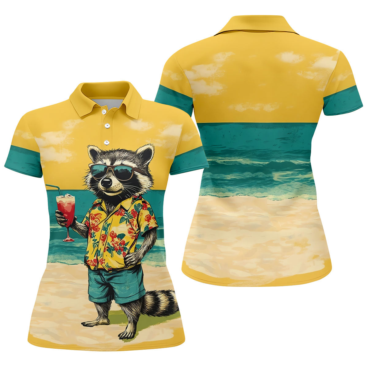 Cool Raccoon Tropical Yellow Hawaiian Golf Polo, Golf Tops For Women, Golfing Apparel