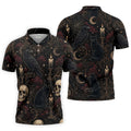 Gothic Raven Black Cat Skull Halloween Polo Shirt, Golf Shirts For Men, Mens Golf Apparel