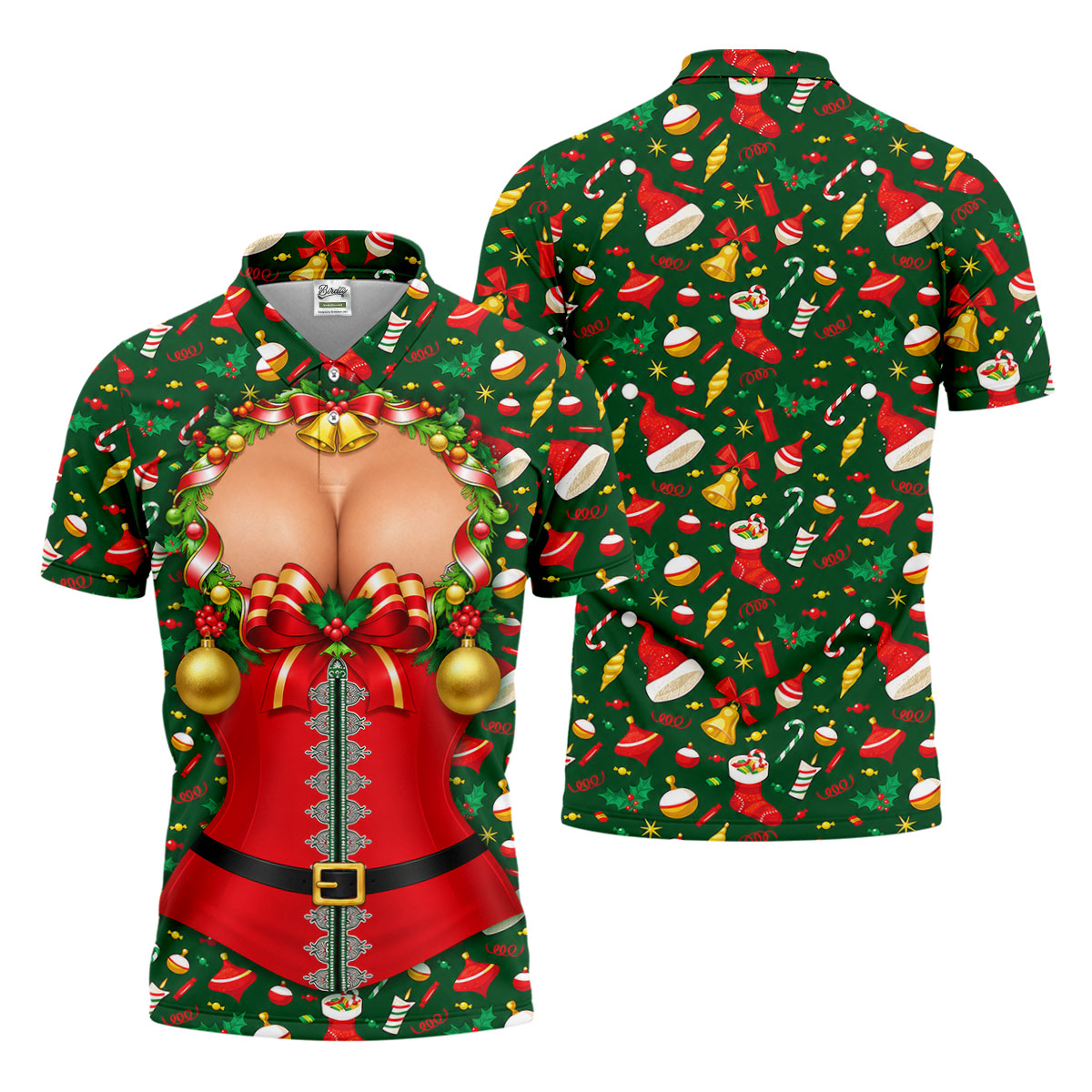 Festive Christmas Corset Bow Golf Polo Shirt, Christmas Golf Shirt, Mens Golf Apparel