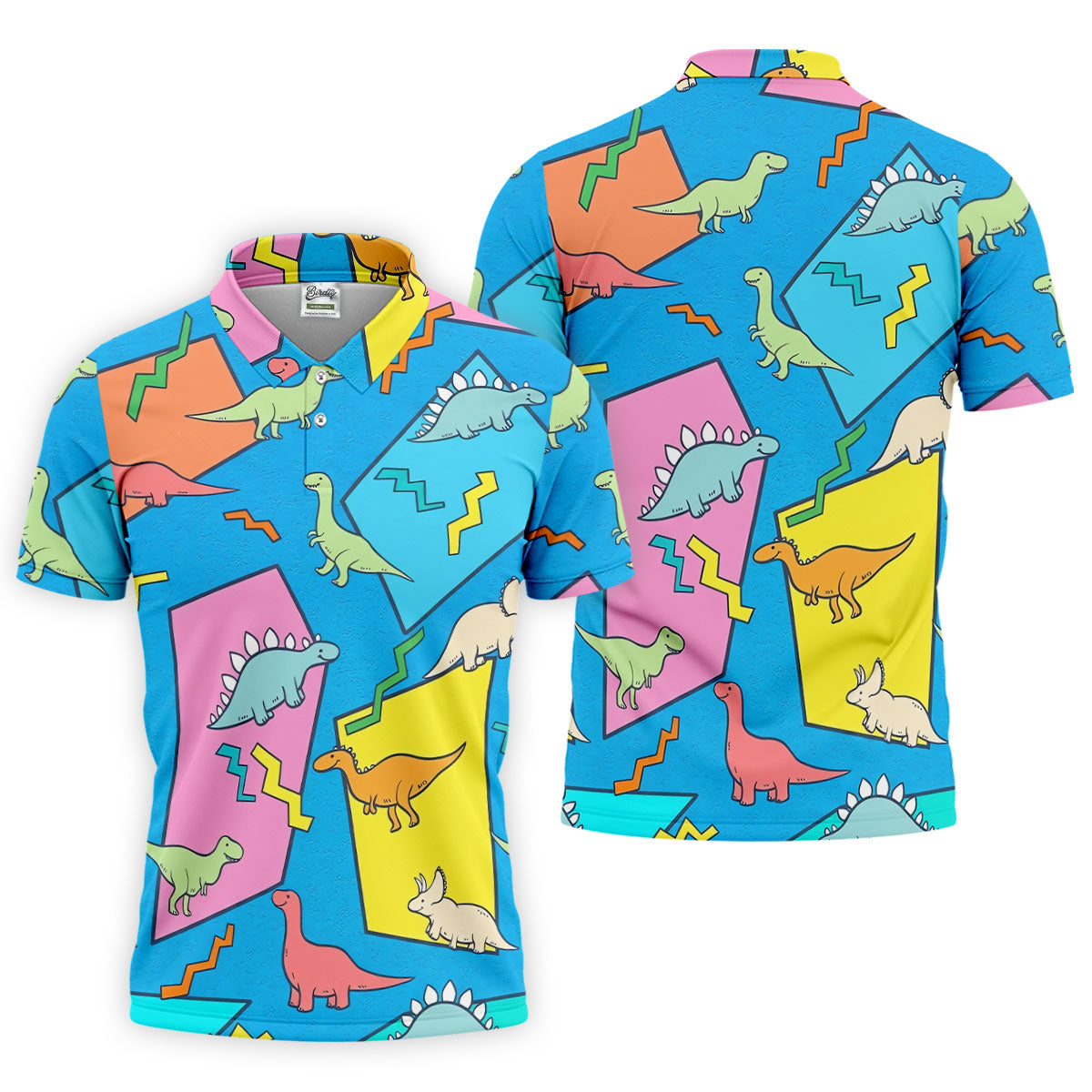 Retro Colorful Dinosaur Pattern Golf Shirt, Men's Golf Shirt, Golf Apparel For Men
