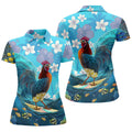 Tropical Floral Beach Scene with Ocean Surf Hawaiian Golf Polo, Golf Tops For Women, Golfing Apparel