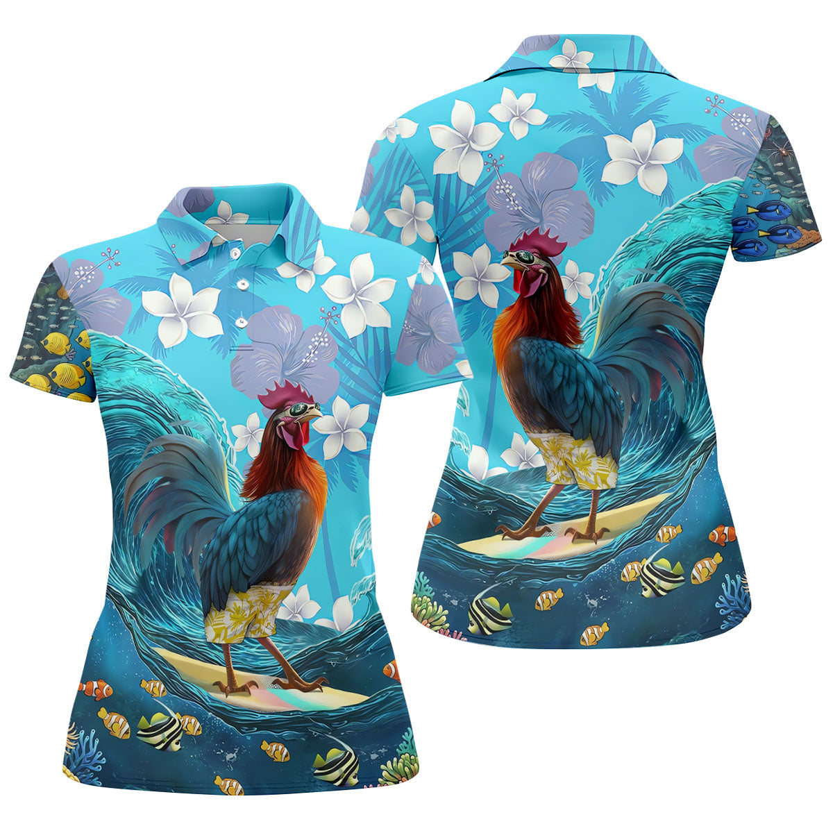 Tropical Floral Beach Scene with Ocean Surf Hawaiian Golf Polo, Golf Tops For Women, Golfing Apparel