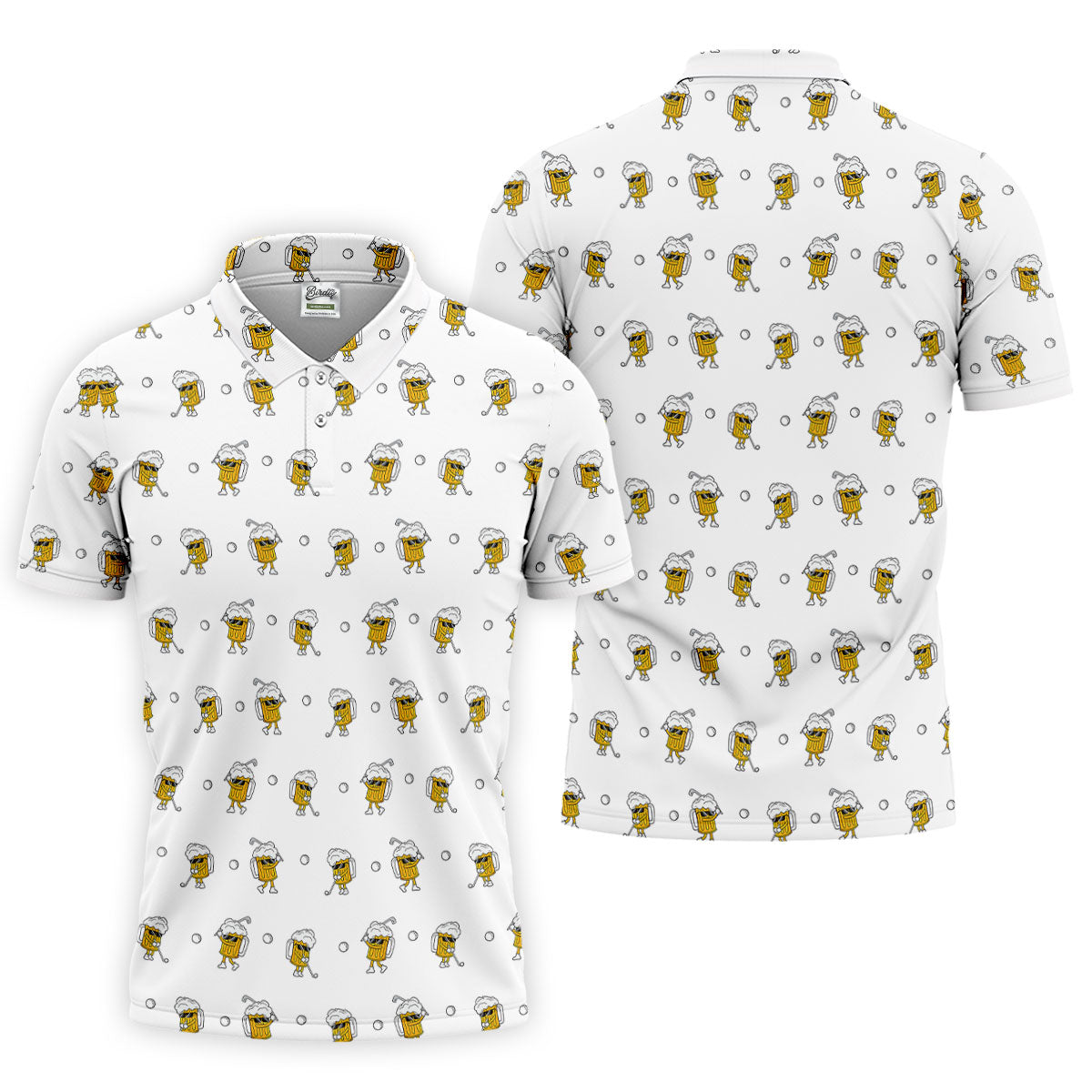 Cartoon Beer Mug Golfer Pattern Golf Polo Shirt, Polo Shirts For Men, Printed Golf Shirts