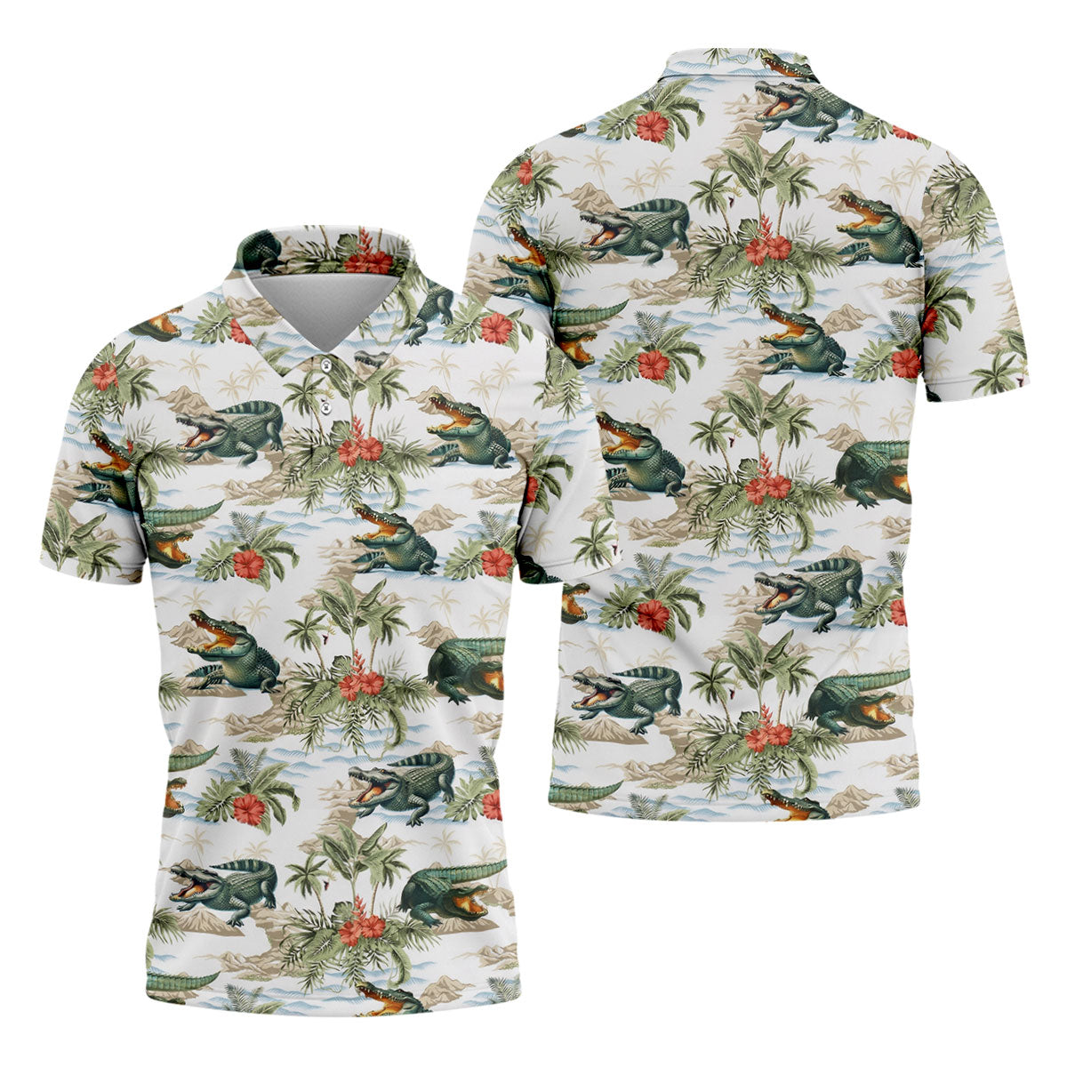 Tropical Coastal Alligator and Hibiscus Pattern Hawaiian Golf Polo, Golf Tops For Men, Golfing Apparel