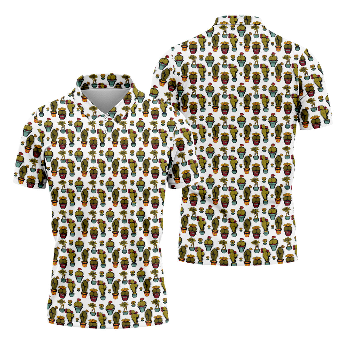 Funny Potted Cactus Pattern Men's Golf Polo Shirt, Adult Humor Golf Apparel For Men, Printed Golf Shirts