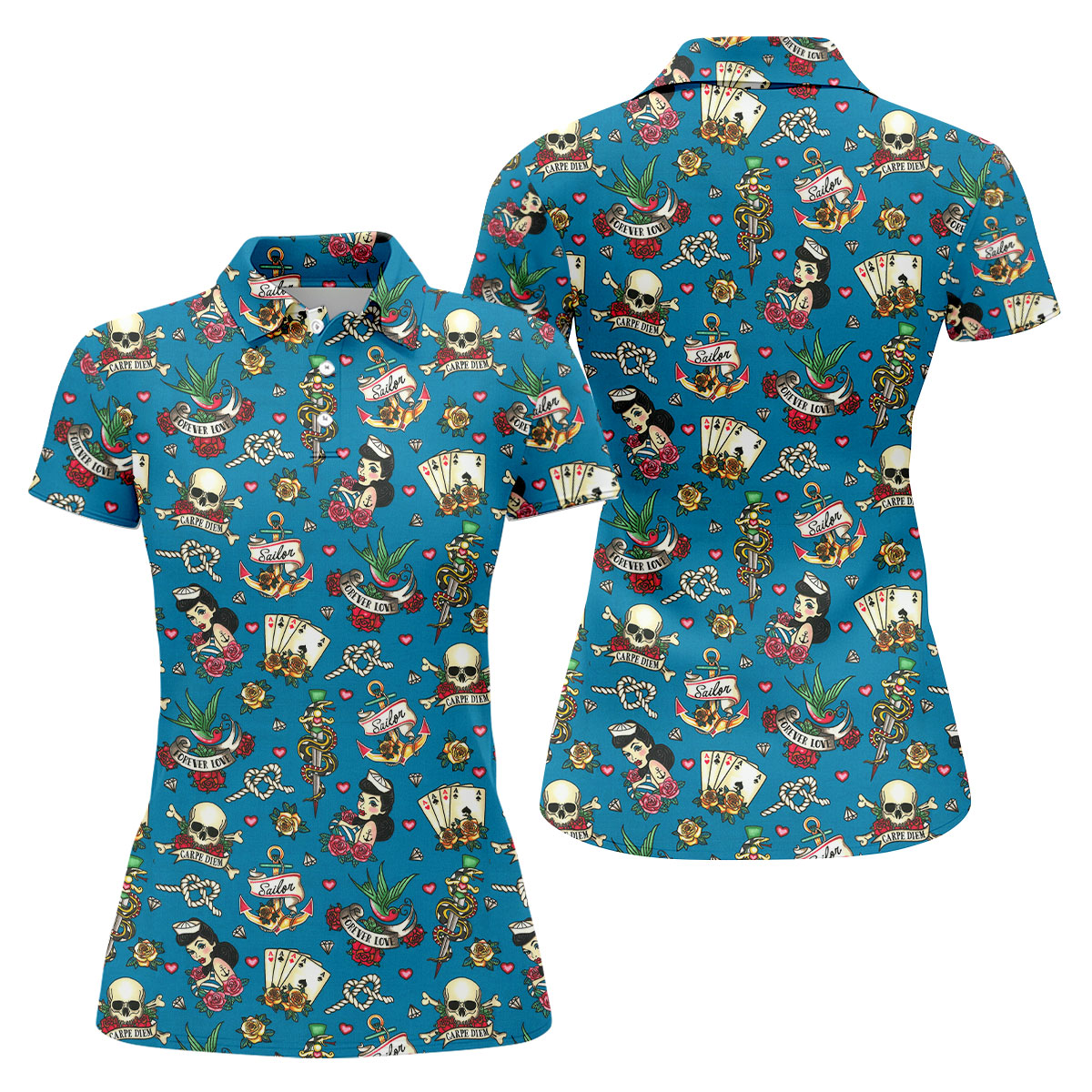 Tattoo Blue Sailor Tattoo Flash Pattern Hawaiian Golf Shirt, Women's Golf Tops, Ladies Golf Shirts