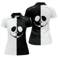 Black White Skull Face Halloween Golf Polo Shirt, Womens Golf Tops, Hawaiian Golf Shirt