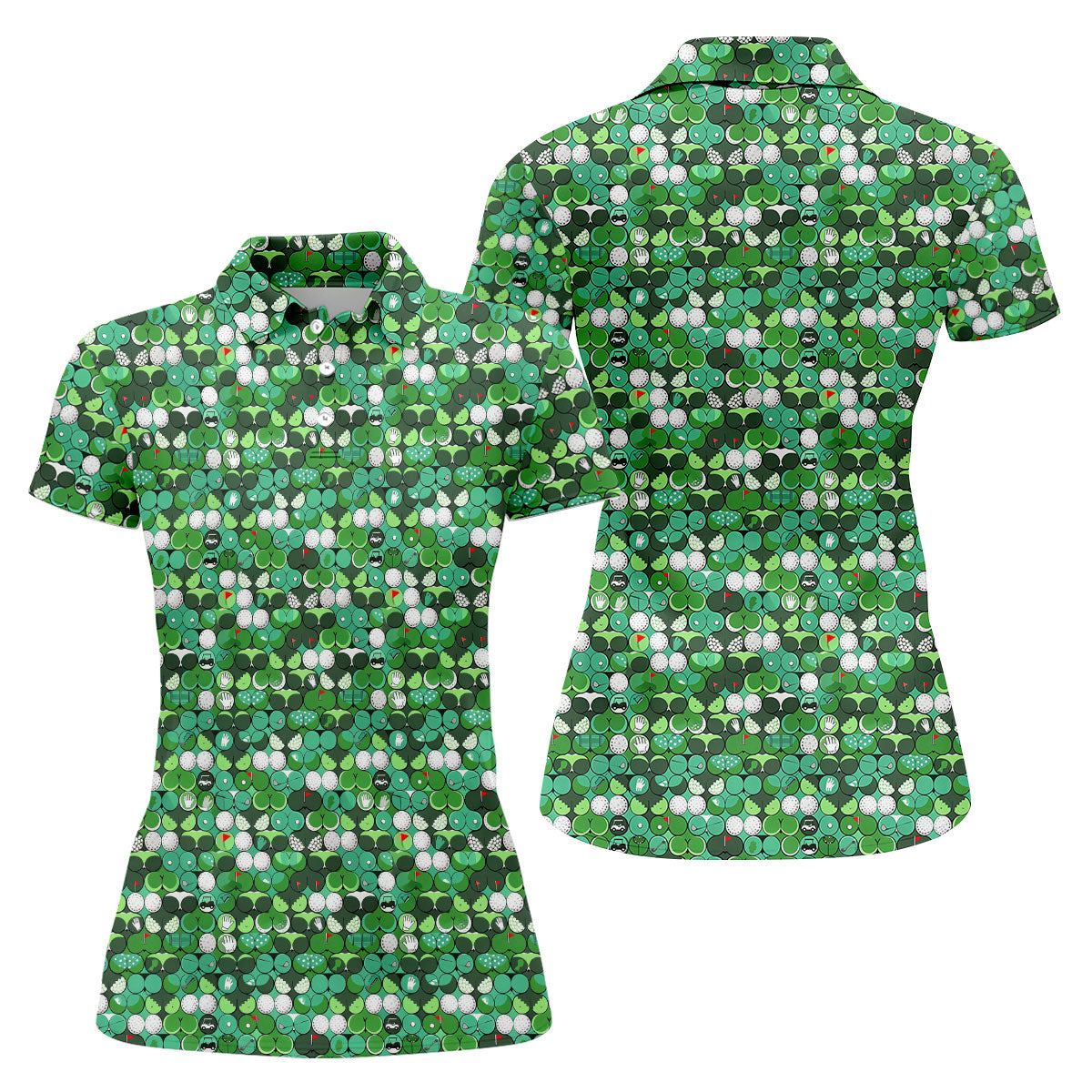 Green Golf Ball And Flag Pattern Golf Shirt, Ladies Golf Shirts , Women's Golf Tops