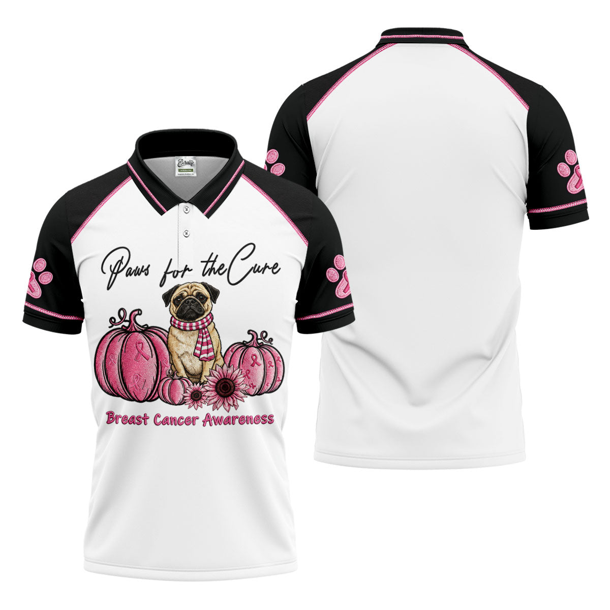 Paws For The Cure Pug Breast Cancer Polo Shirt, Men's Golf Shirt, Mens Golf Apparel