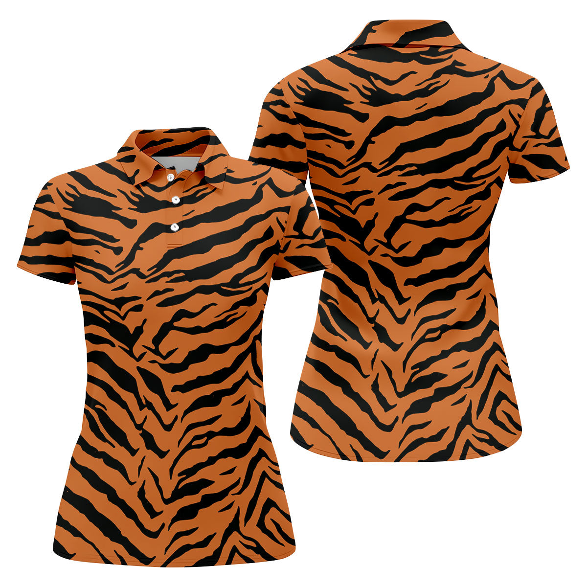 Bold Orange Black Tiger Stripe Animal Print Golf Shirt, Women Golf Shirts, Golf Apparel For Ladies