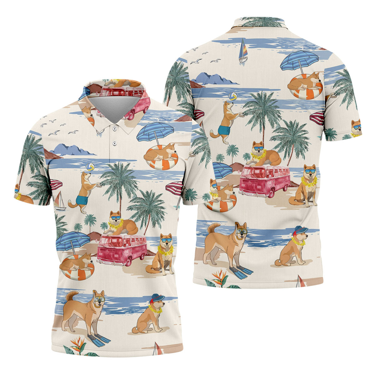 Tropical Shiba Inu Beach Pattern Hawaiian Golf Polo, Golf Tops For Men, Golfing Apparel