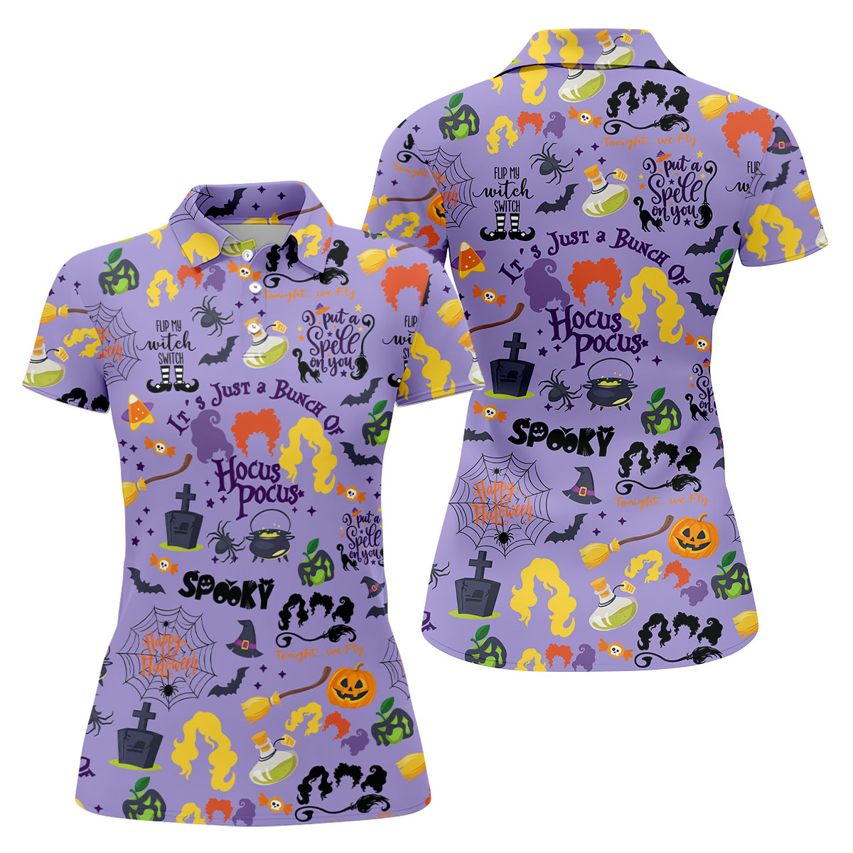 Happy Halloween Witch Spell Pattern Polo Shirt, Women's Golf Polo, Hawaiian Golf Shirt