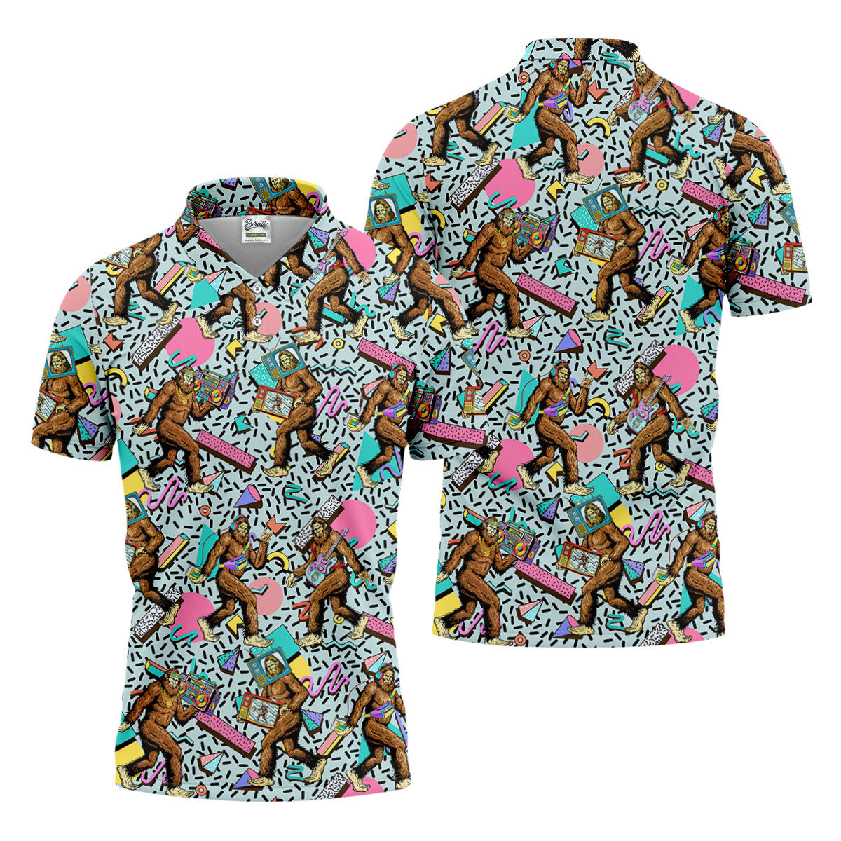 Bigfoot Pop Culture Pattern with Retro TV Sets Design Design Hawaiian Golf Polo, Golf Tops For Men, Golfing Apparel