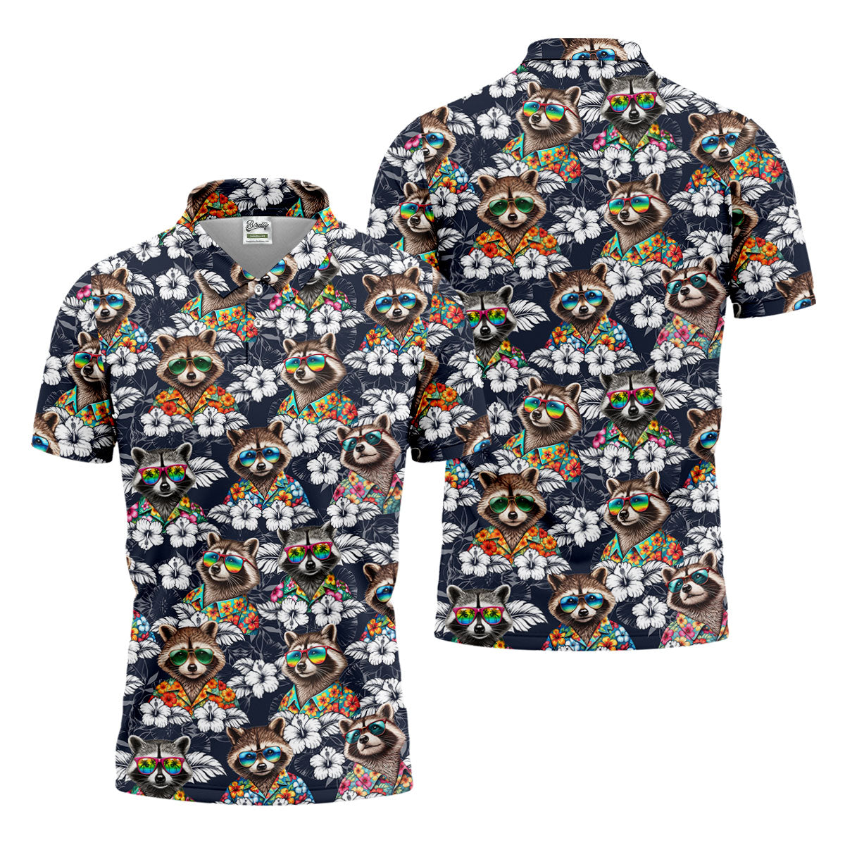 Cool Raccoons in Rainbow Sunglasses Hawaiian Golf Polo, Golf Tops For Men, Golfing Apparel