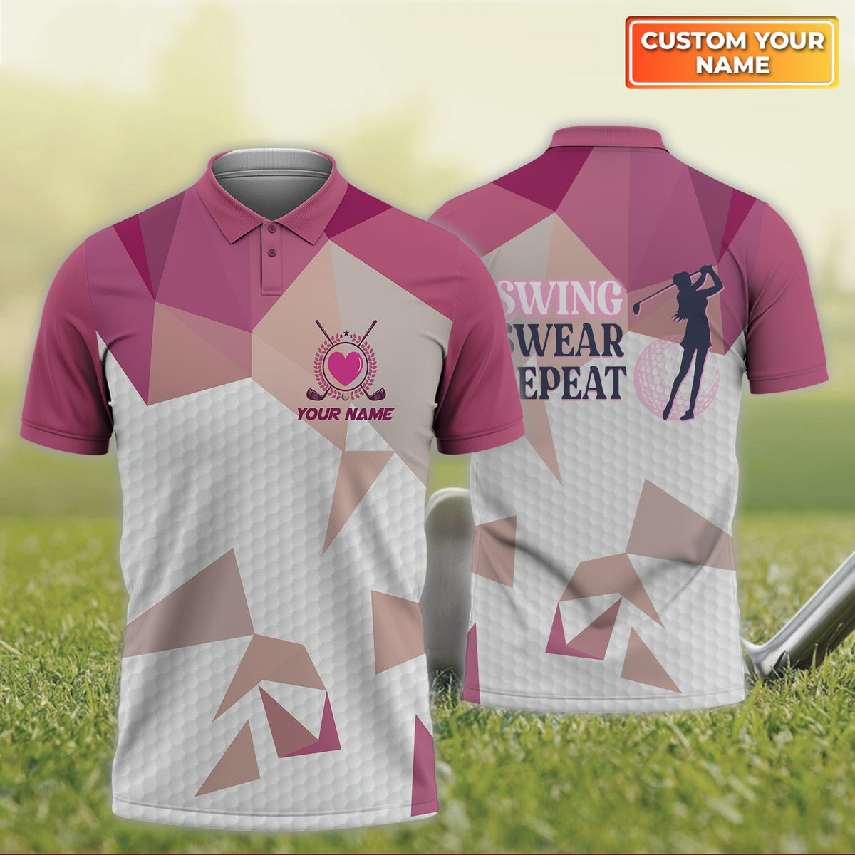Swing Swear Repeat - Personalized Name 3D Polo Shirt For Golfers