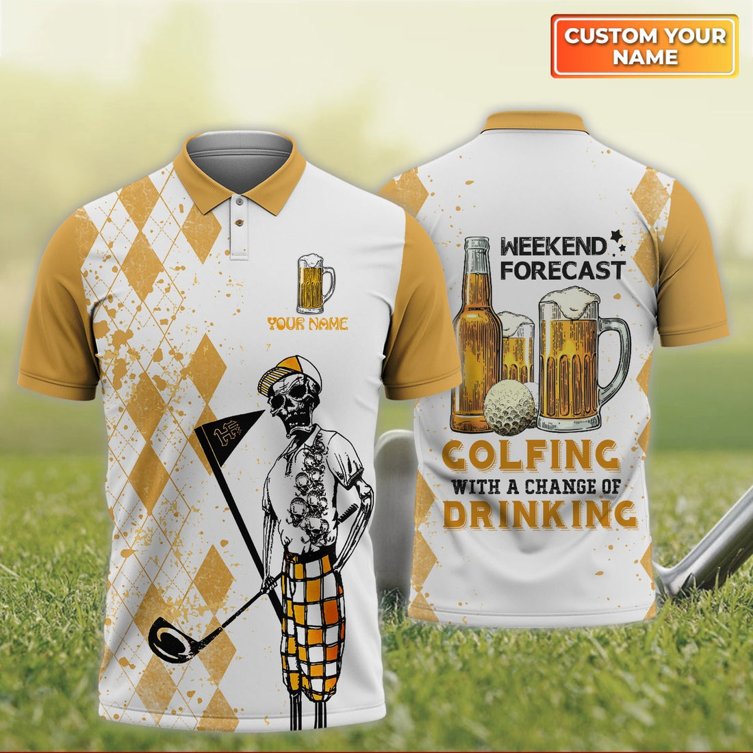 Weekend Forecast Golfing With A Change Of Drinking - Personalized Name 3D Polo Shirt For Golfers