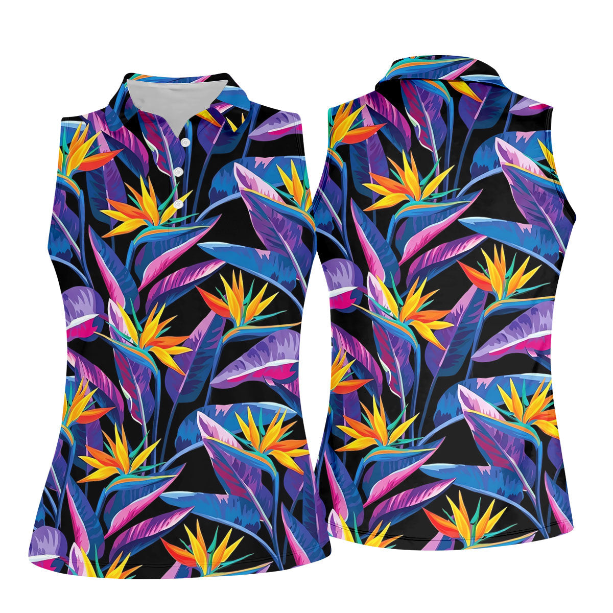 Vibrant Tropical Flowers and Exotic Jungle Leaves Hawaiian Golf Polo, Golf Tops For Women, Golfing Apparel