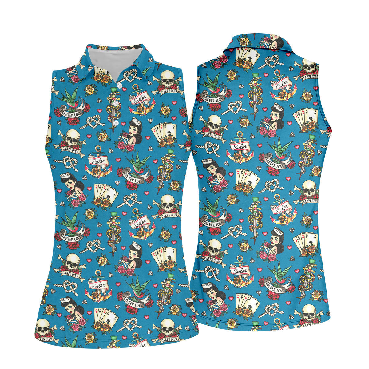 Tattoo Blue Sailor Tattoo Flash Pattern Hawaiian Golf Shirt, Women's Golf Tops, Ladies Golf Shirts