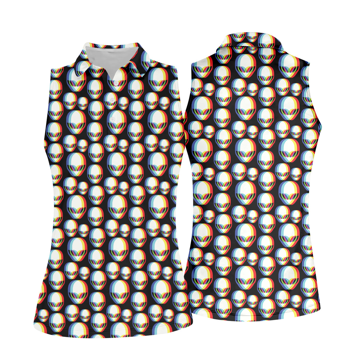 Retro Alien Head Pattern Golf Shirt, Women's Golf Tops, Ladies Golf Tops