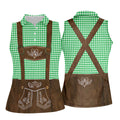 Women's Green Oktoberfest Lederhosen Illusion Sleeveless Golf Polo, Ladies Golf Top, Golf Polo For Women