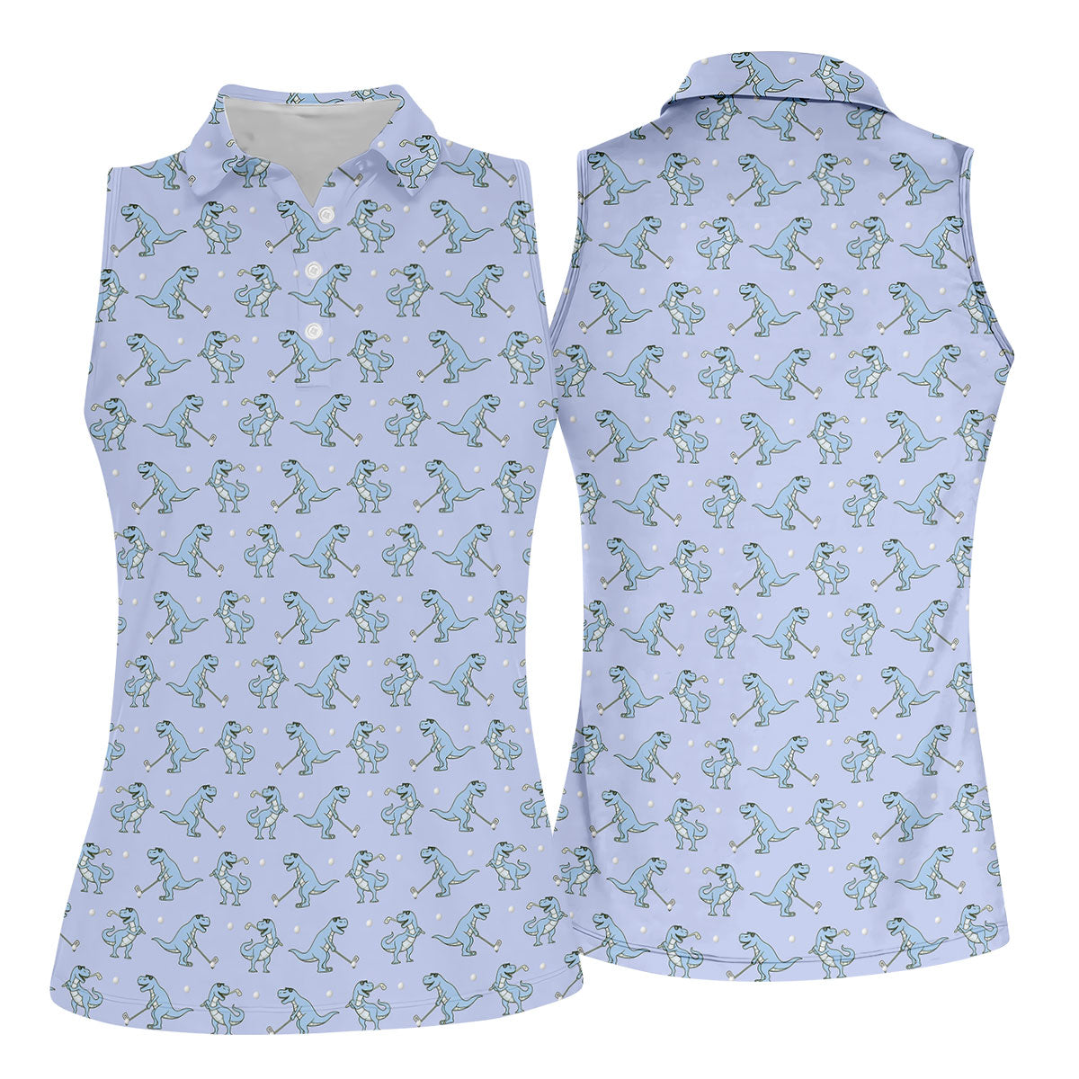 Blue T-Rex Dinosaur Golfer Pattern Golf Polo Shirt, Womens Golf Tops, Printed Golf Shirt