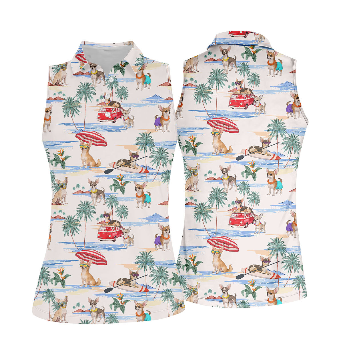 Summer Chihuahua Paradise Pattern Hawaiian Golf Polo, Golf Tops For Women, Golfing Apparel