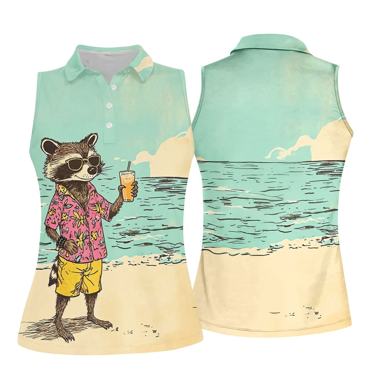 Raccoon Tropical Beach Escape Hawaiian Golf Shirt, Women's Golf Tops, Ladies Golf Shirts
