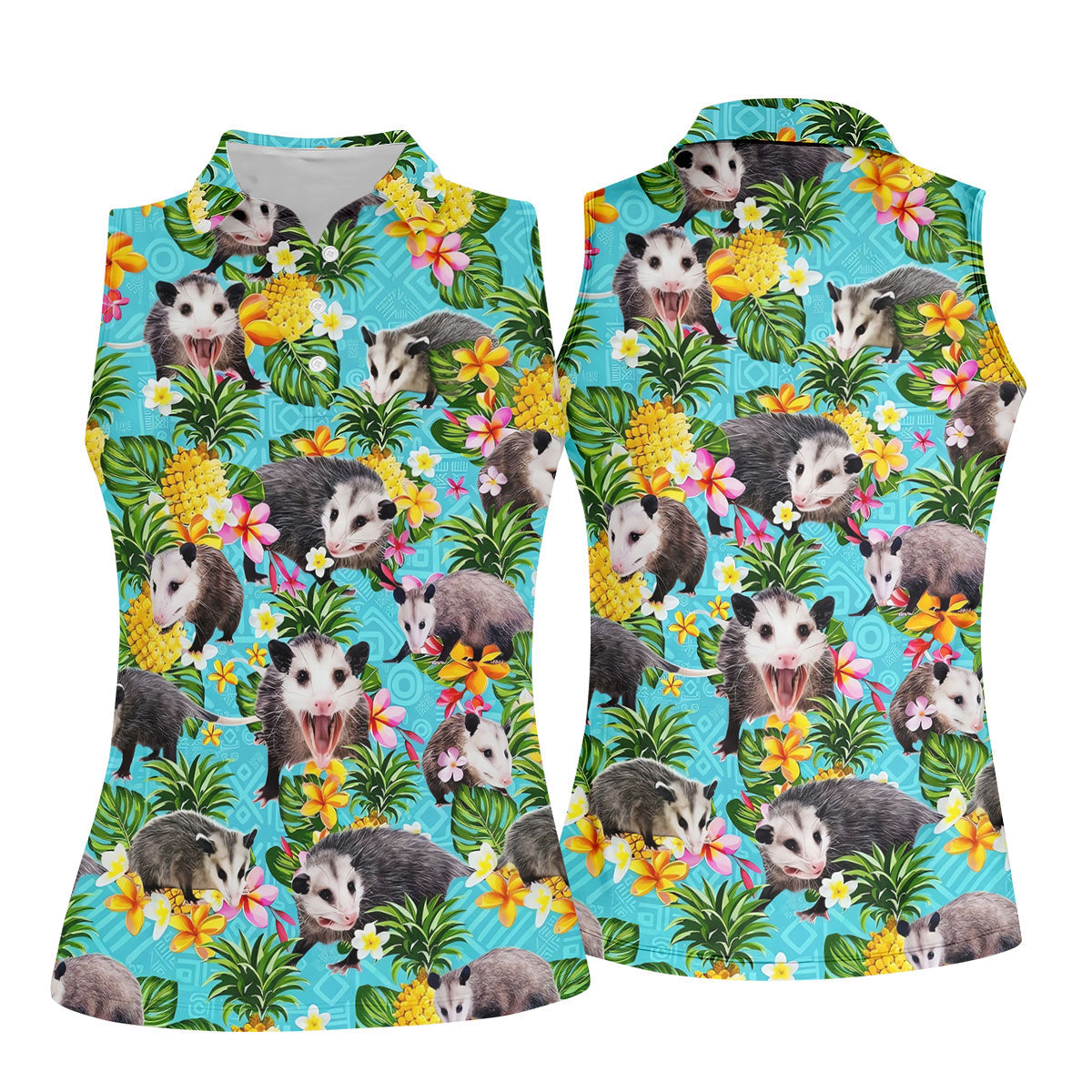 Funny Opossums Among Pineapples Pattern Hawaiian Golf Polo, Golf Tops For Women, Golfing Apparel