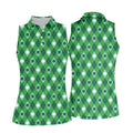 Green And White Lucky Four Leaf Clover Argyle Pattern St Patrick's Day Golf Shirt, Women's Golf Tops