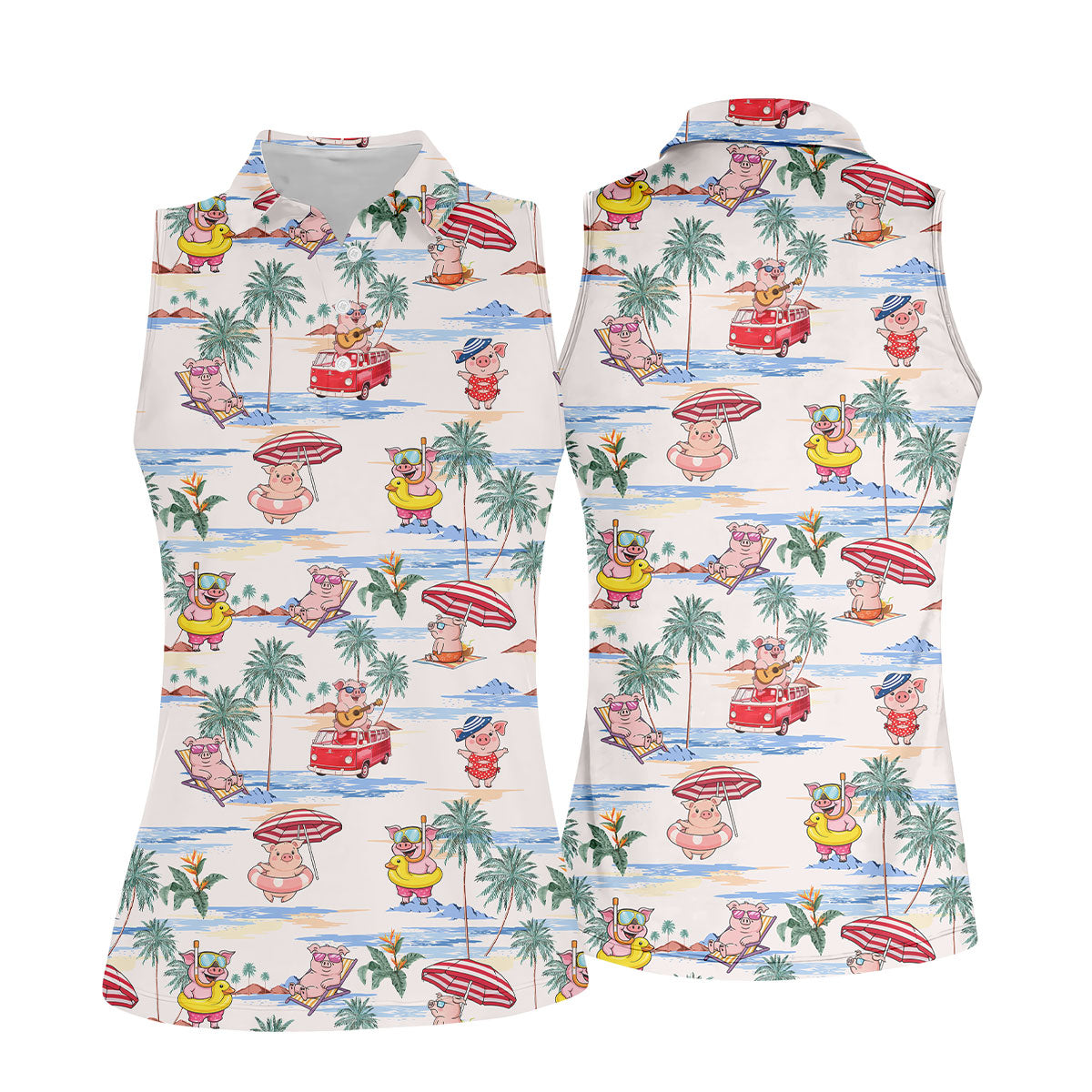 Cute Pig Beach Adventure Hawaiian Golf Polo, Golf Tops For Women, Golfing Apparel