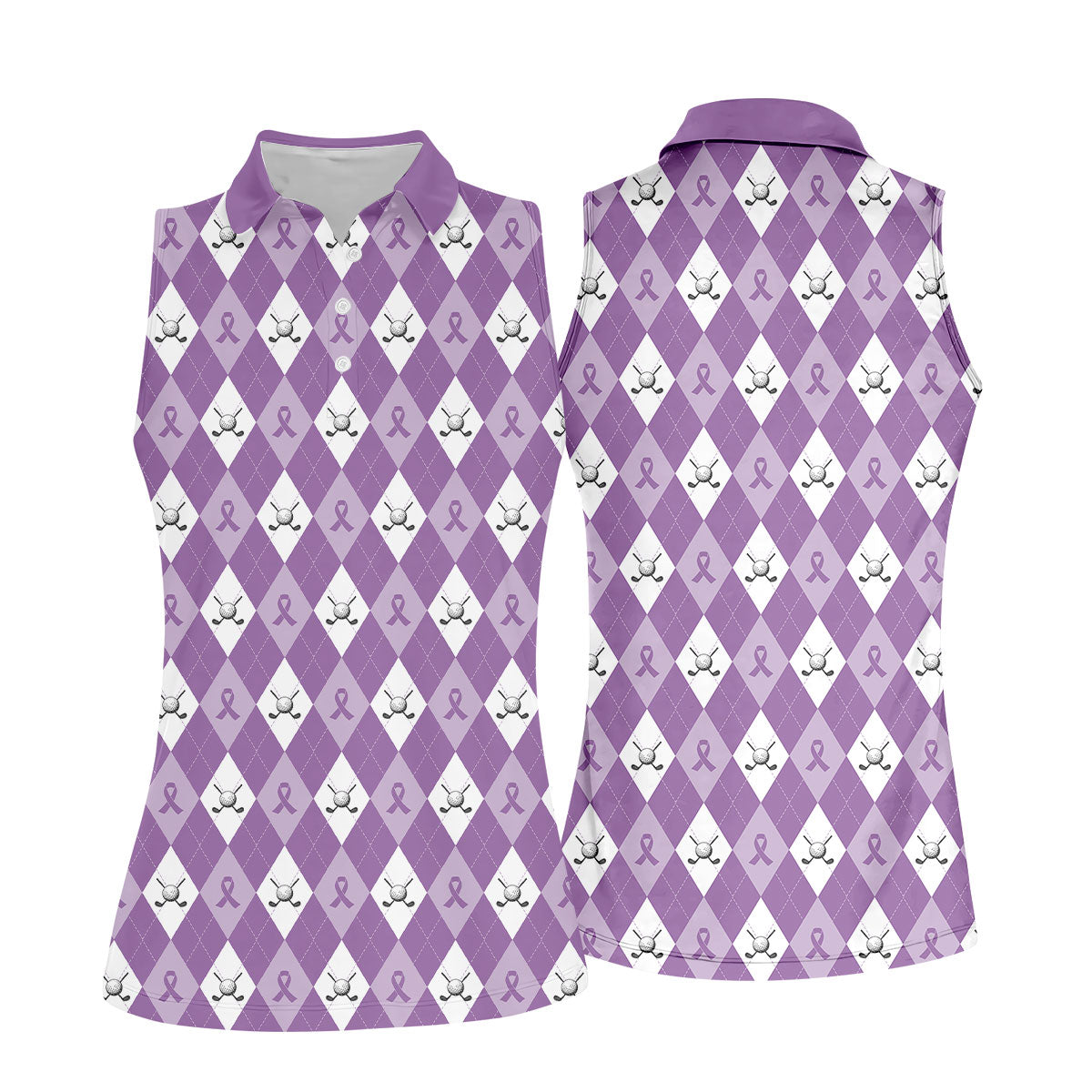 Pancreatic Cancer Purple And White Argyle Pattern Ladies Golf Shirts, Cancer Awareness Shirt