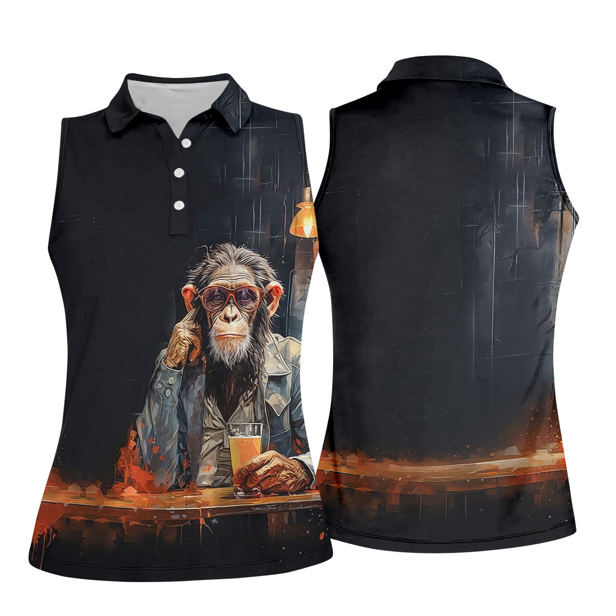 Monkey Gentleman Midnight Amber Hawaiian Golf Shirt, Women's Golf Tops, Ladies Golf Shirts