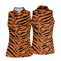Bold Orange Black Tiger Stripe Animal Print Golf Shirt, Women Golf Shirts, Golf Apparel For Ladies