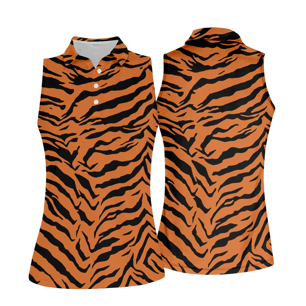 Bold Orange Black Tiger Stripe Animal Print Golf Shirt, Women Golf Shirts, Golf Apparel For Ladies