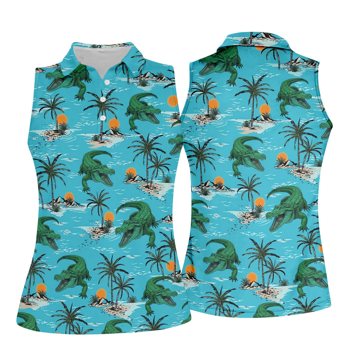 Tropical Alligators on Island Beaches Hawaiian Golf Polo, Golf Tops For Women, Golfing Apparel