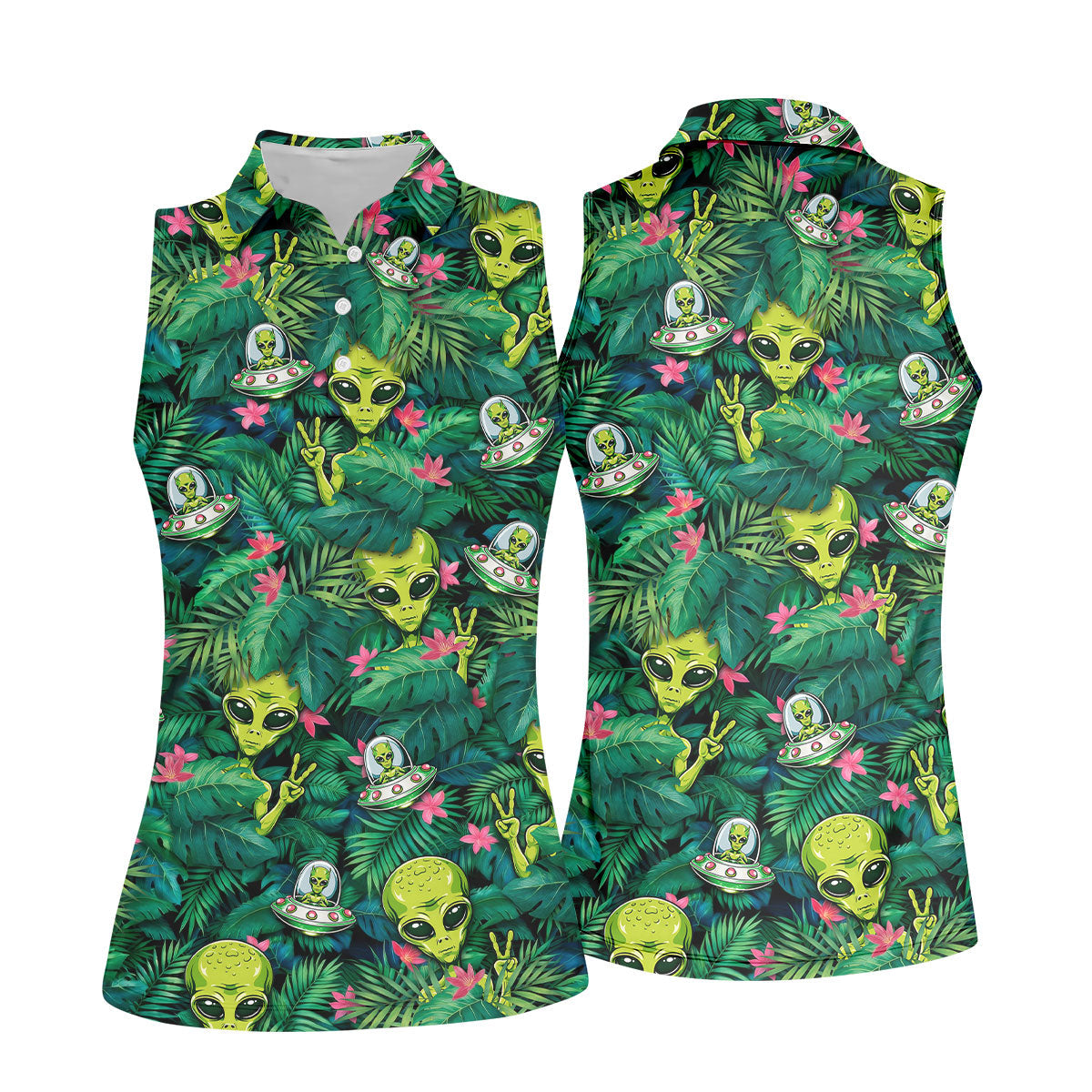 UFO and Alien Tropical Forest Hawaiian Golf Polo, Golf Tops For Women, Golfing Apparel