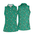 Funny Goose Golf Cart Pattern Green Polo Shirt, Womens Golf Tops, Golf Polo For Women