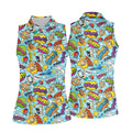 Comic Pattern Hawaiian Golf Shirt, Retro Style Women's Golf Tops, Ladies Golf Shirts